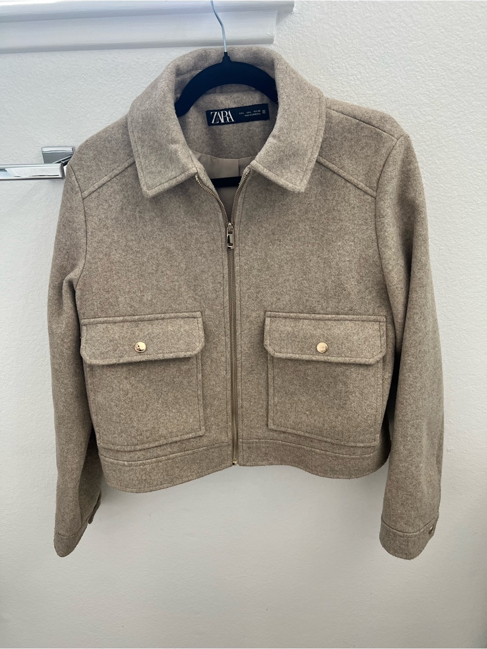 ZARA Taupe Cropped Wool-Blend Zip Jacket with Flap Pockets